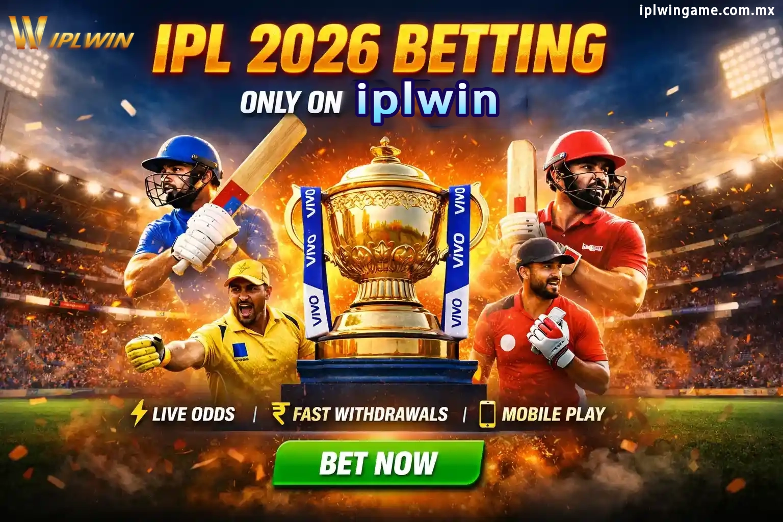 IPL 2026 betting banner with cricket players and trophy in stadium