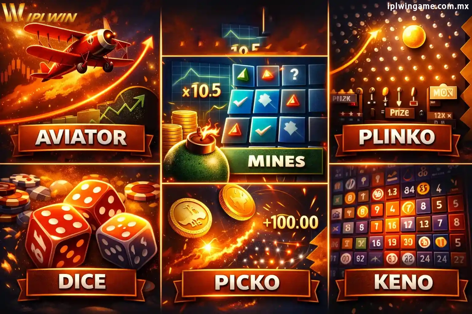 Aviator, Mines, Plinko, Dice and Keno instant games collage with chips and coins
