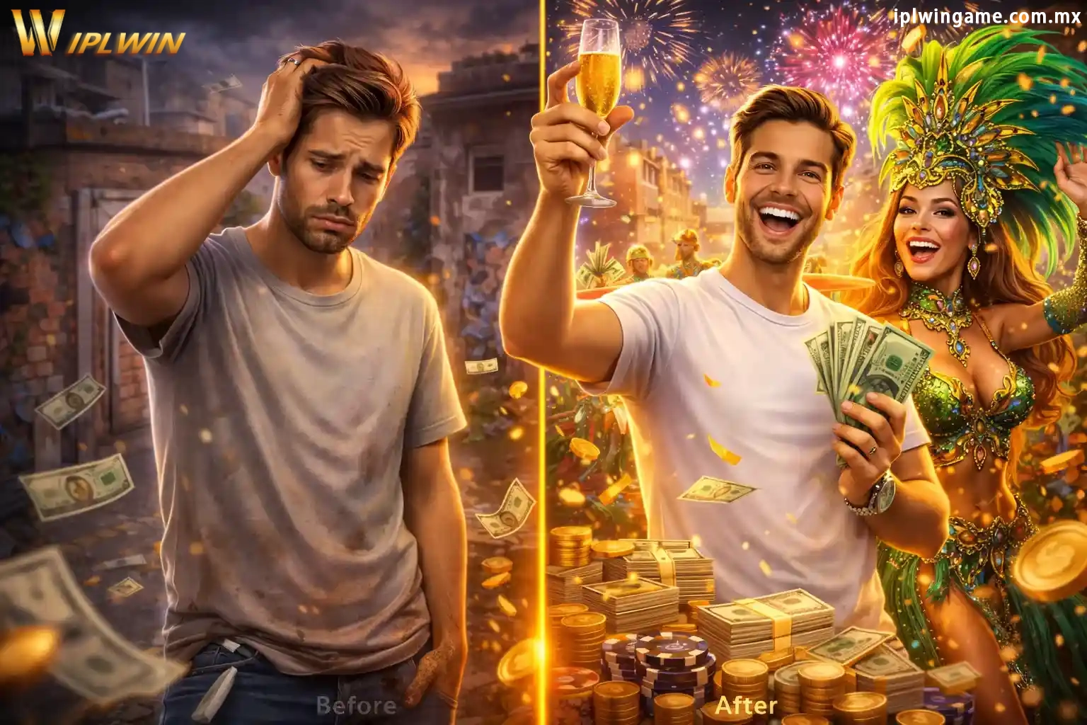 Before and after casino win showing disappointed player turning into happy winner with cash