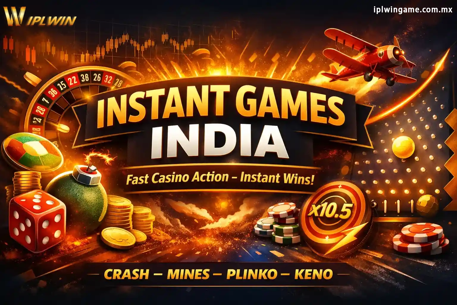 Instant casino games banner with crash plane, roulette wheel, coins and multipliers