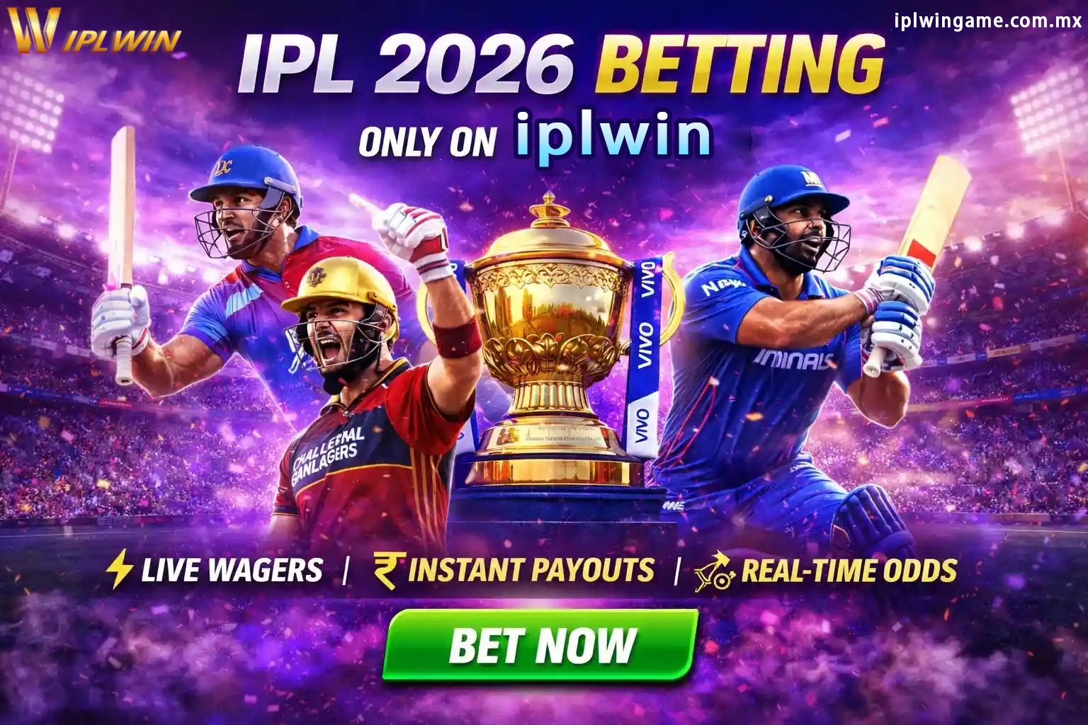 IPL 2026 betting promo with players, trophy and live wager features