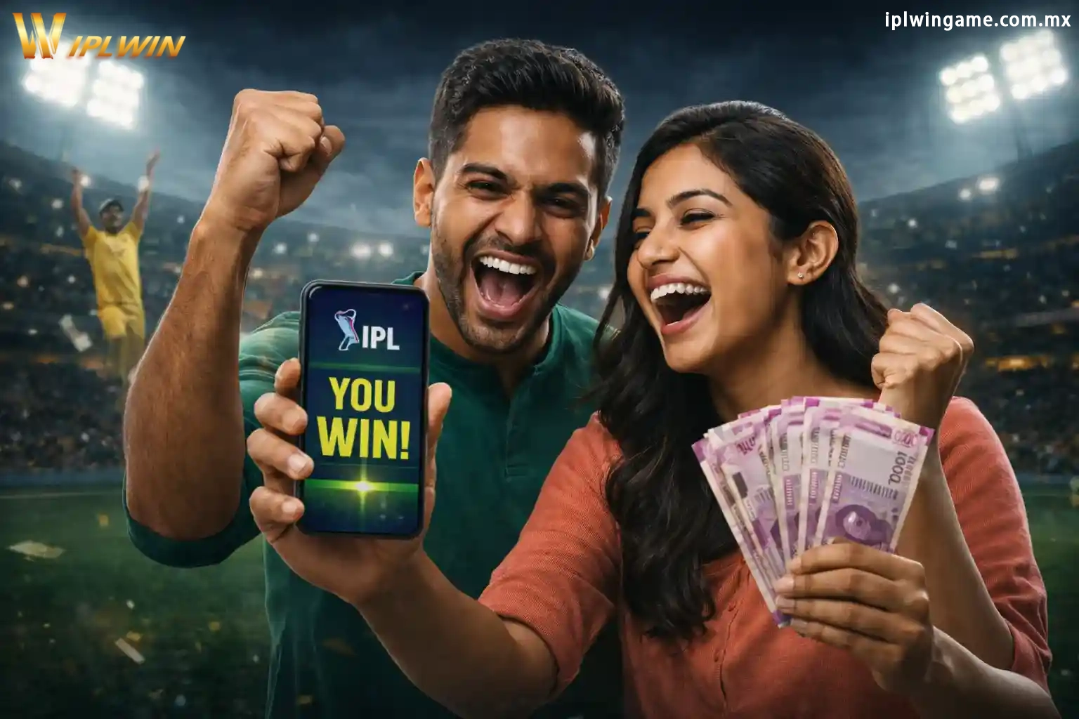 Indian couple celebrating IPL win on mobile phone with cash in stadium