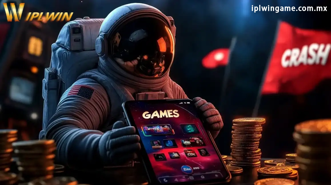 Astronaut in space suit playing crash games on tablet with coins in atmospheric casino setting