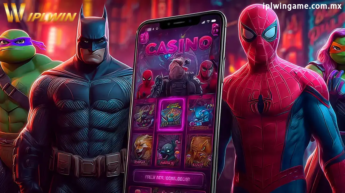 Batman, Spider-Man and Ninja Turtles characters with mobile casino game displaying various slots